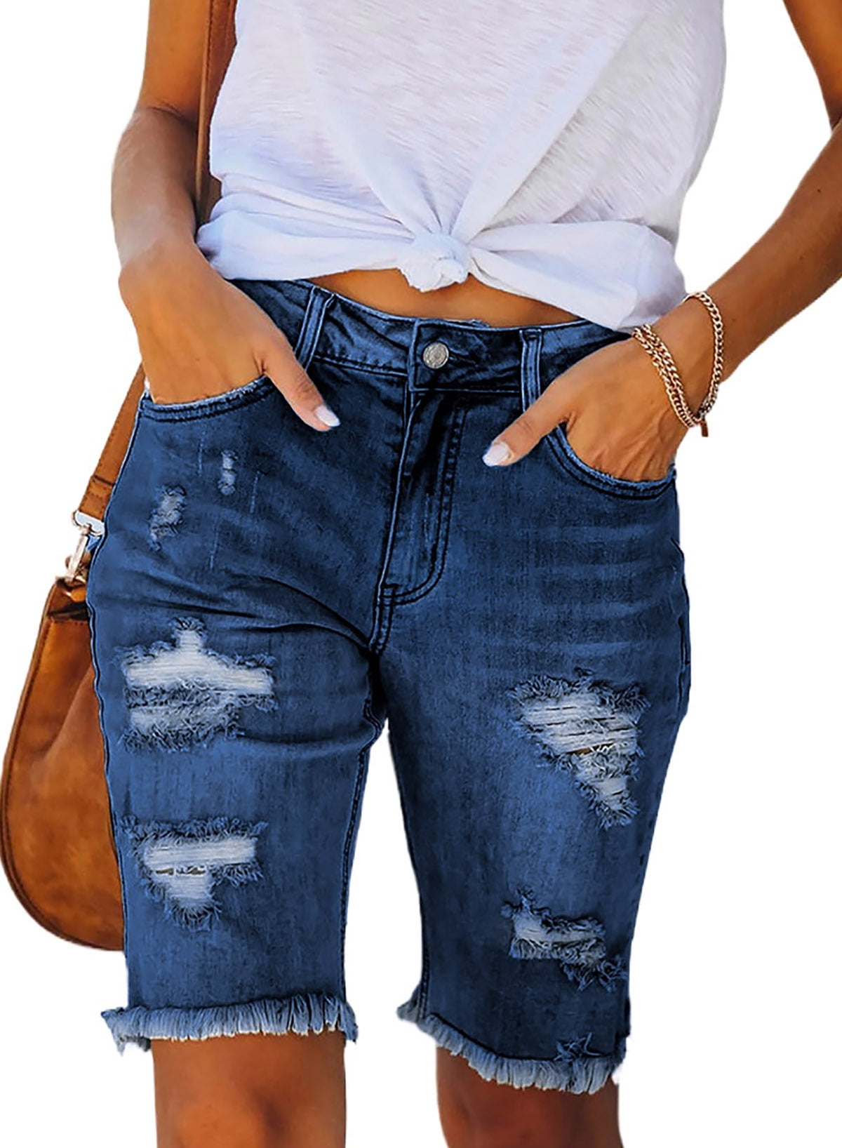The Bermuda Knee Length Denim Shorts Trend | The Jeans Blog | Knee length  denim shorts, Short outfits, Denim bermuda shorts outfit